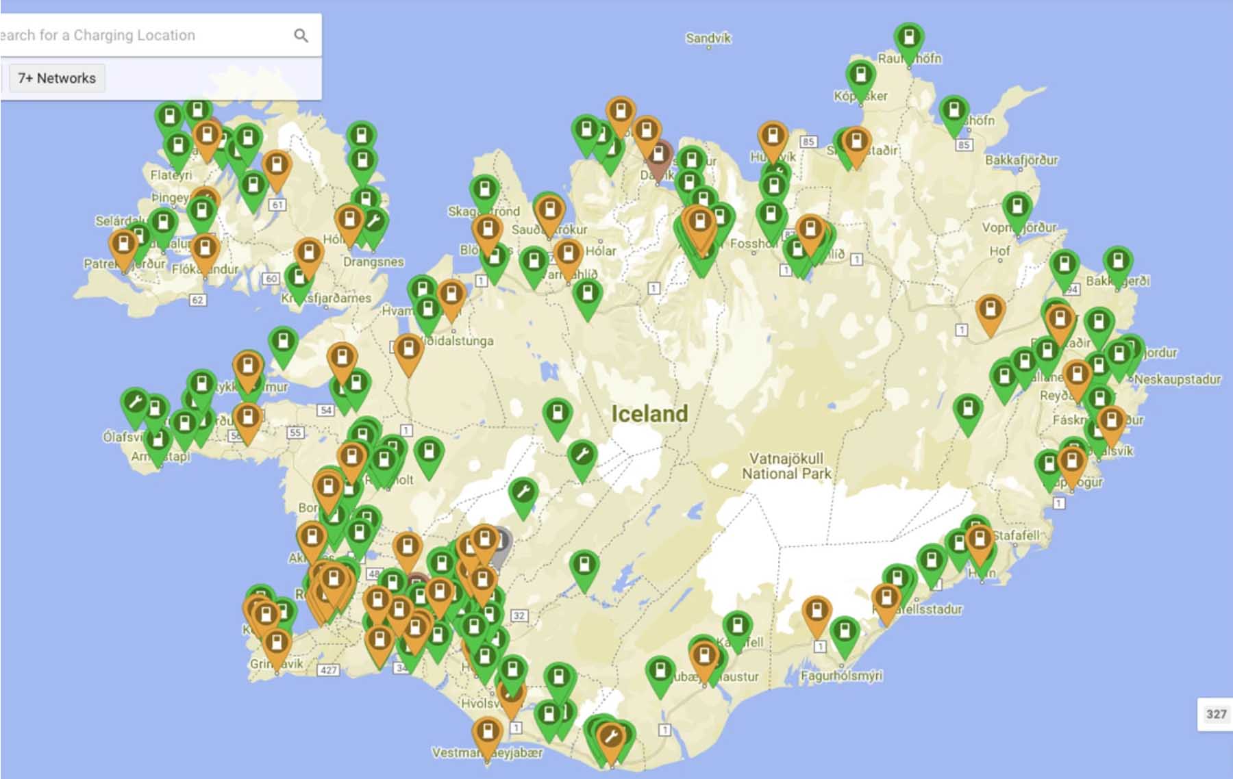 Map of charging stations for electric car in iceland