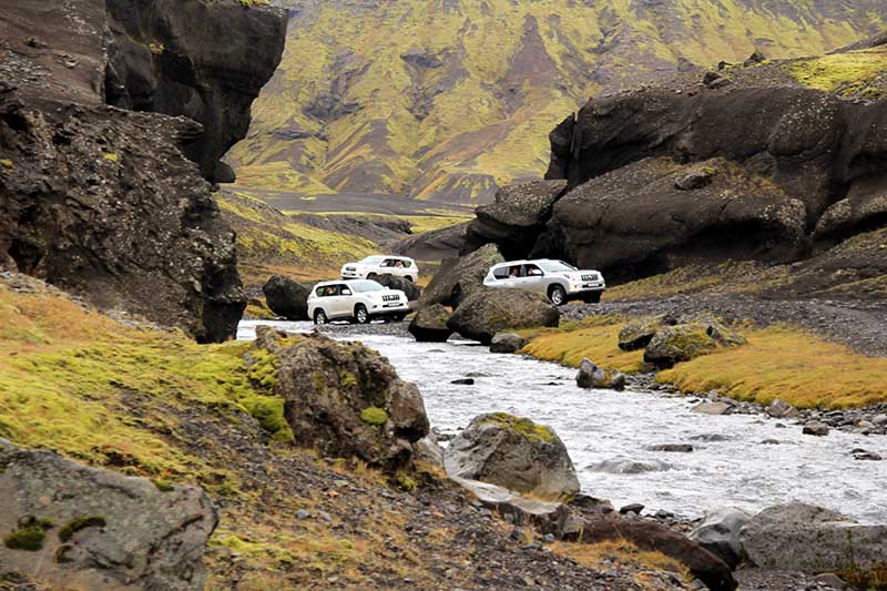 Group of 4x4 Toyota Landcruisers encountering River Crossings in Iceland