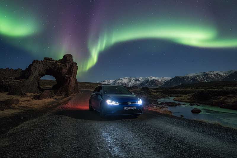 Volkswagen driving in Iceland after dark