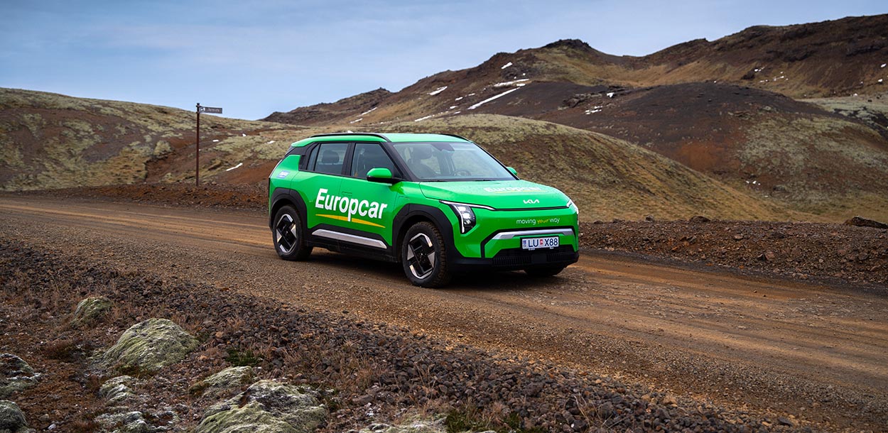 Europcar Green Kia EV3 in Icelandic Landscape