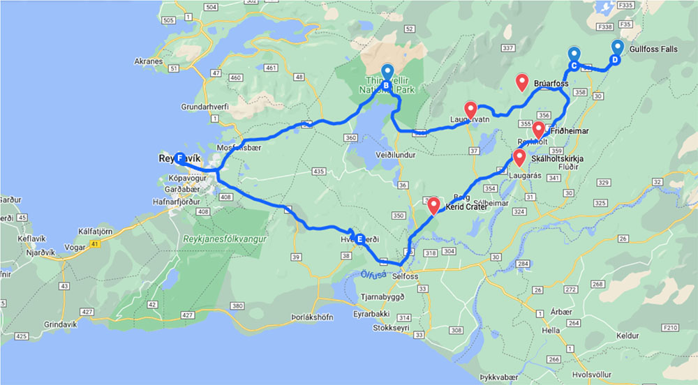 Map of the Golden Circle route in south Iceland
