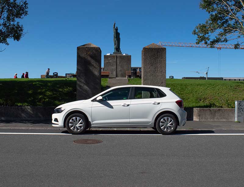 Volkswagen rental car parked in Reykjavik 