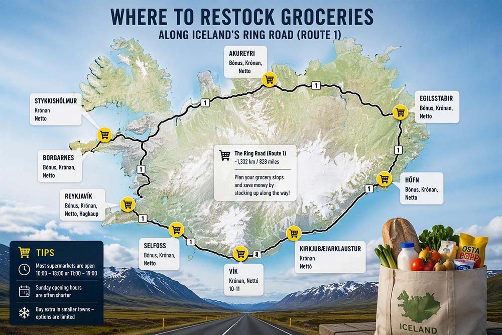 Map of grocery stores around Iceland