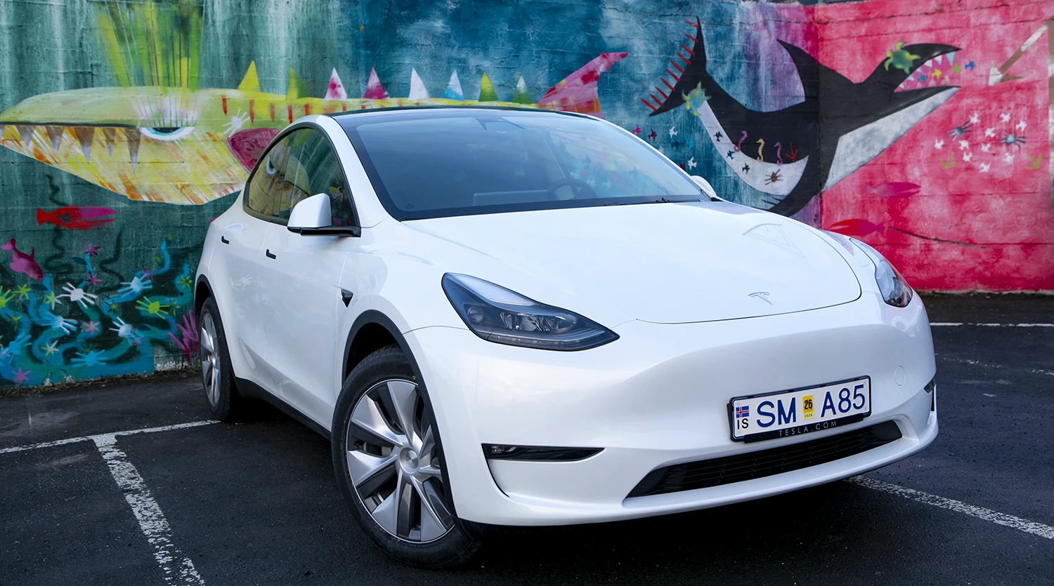 Tesla Y parked in downtown Reykjavik Iceland