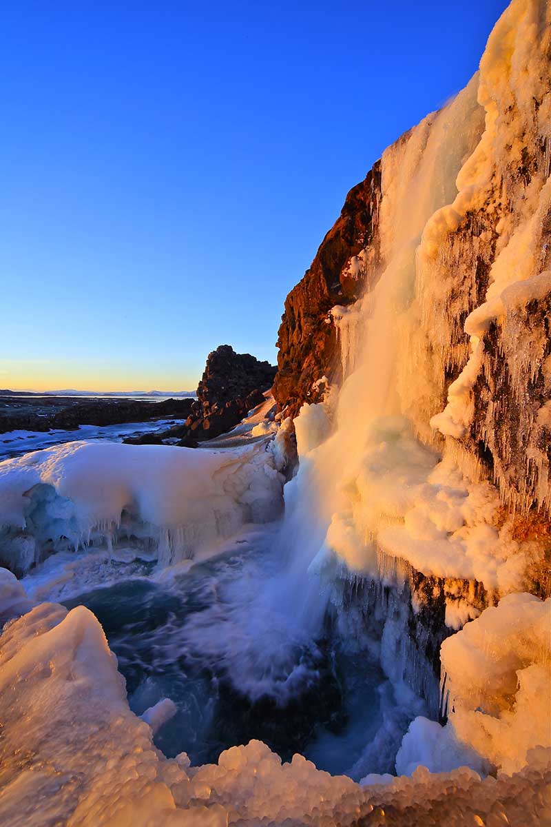 Öxarárfoss often freezes into icy sculptures
