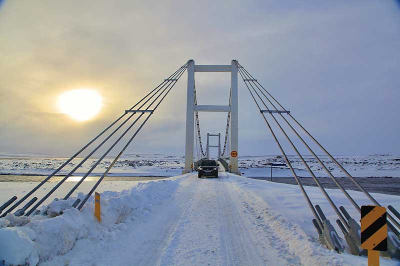 Iceland one lane bridge in winter.