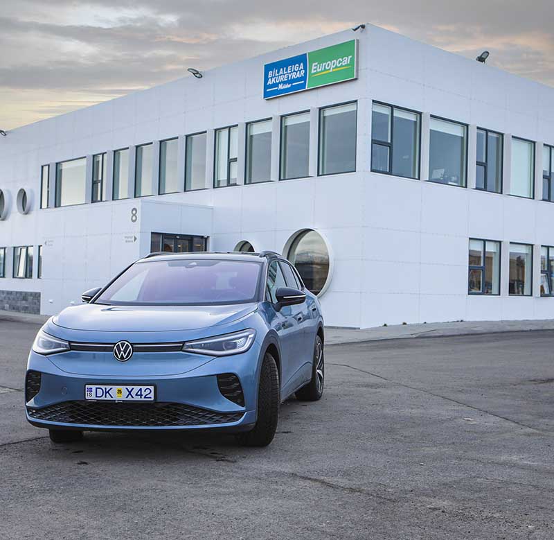 Volkswgen ID.4 outside Holdur Car Rental in Reykjavík