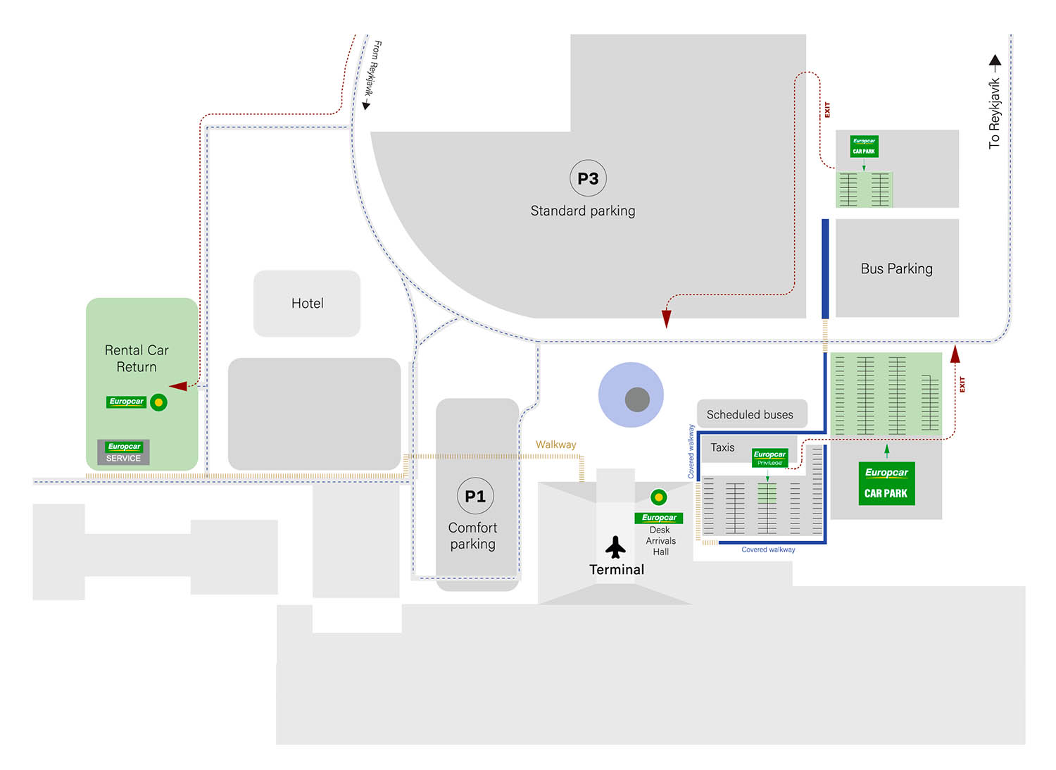 Map of car rental pick-up and return at Keflavik International Airport in Iceland