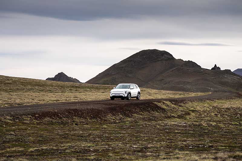 Kia EV3 from Holdur Car Rental driving Near Myvatn in North Iceland