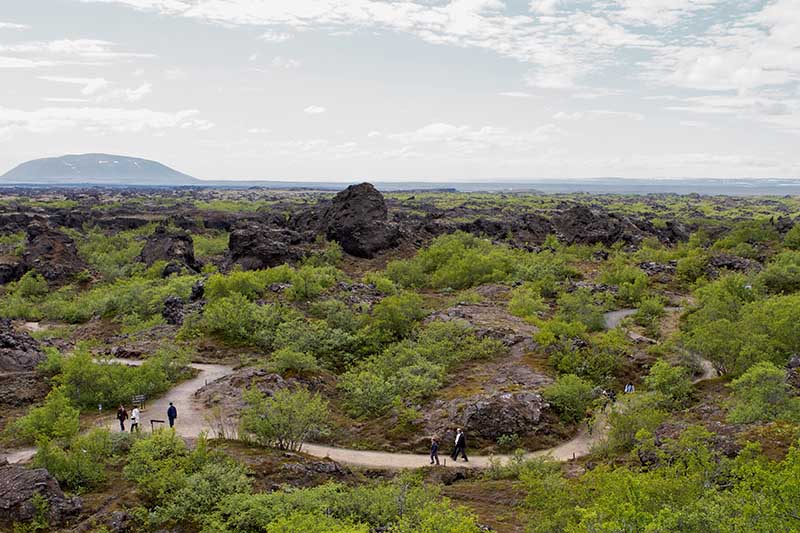Towering lava rock formations at Dimmuborgir, Iceland's Dark Castles, near Lake Mývatn