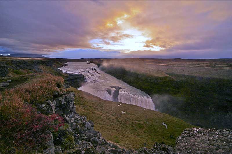 Evening at Gullfoss waterfall
