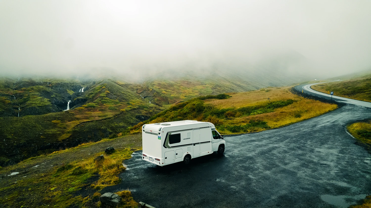 Motorhome RV Camper from Holdur Car Rental parked in eastern Iceland near Reydarfjordur