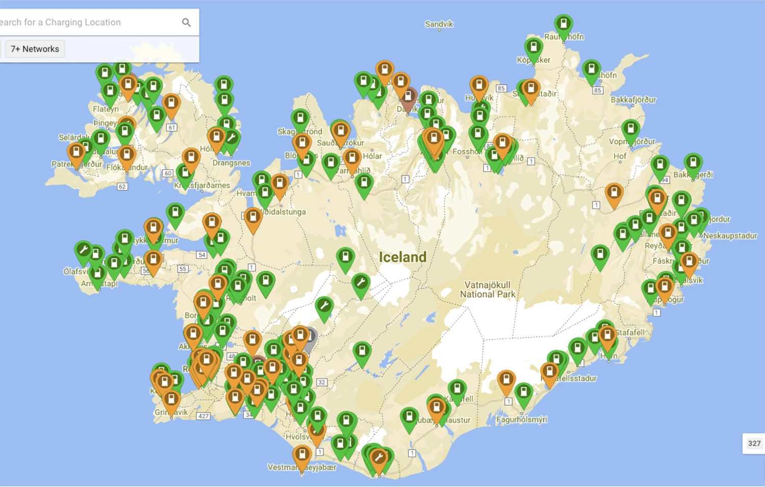 Map of charging stations for electric car in iceland