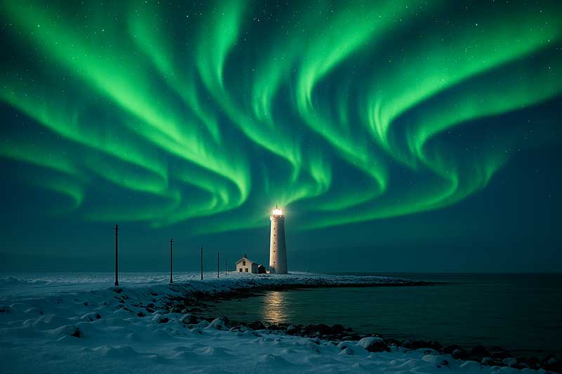 Grótta lighthouse with the northern lights glowing overhead!